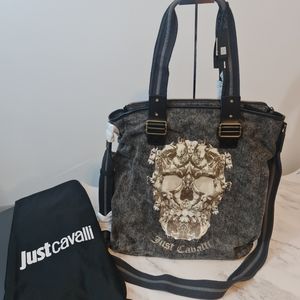 Just Cavalli Black Skull-Print Denim Tote Bag NWTs